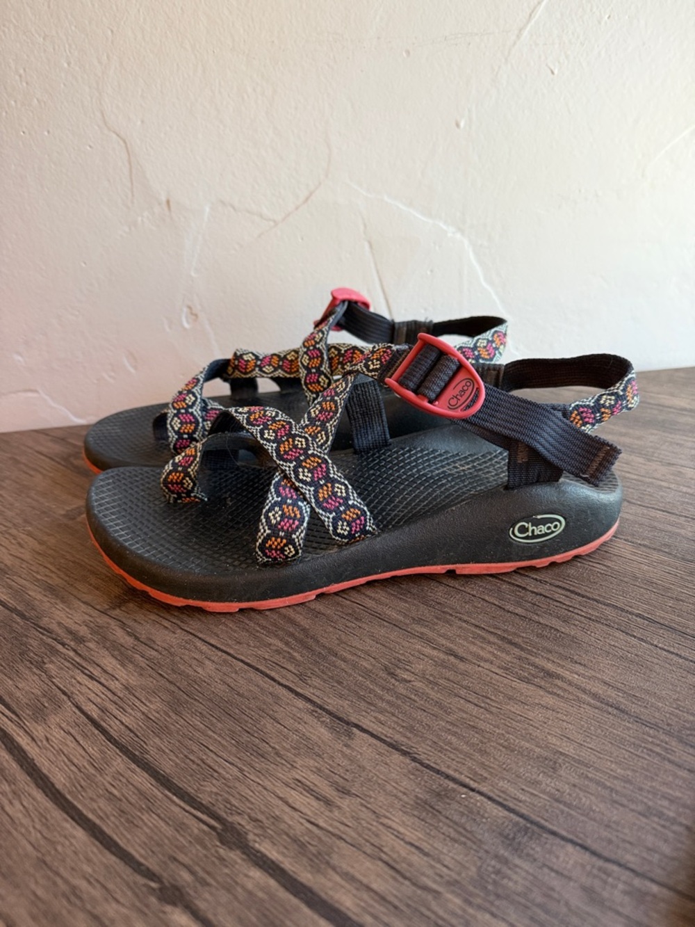 Chaco Women's Black Sandals with Pink and Multicolor Webbing